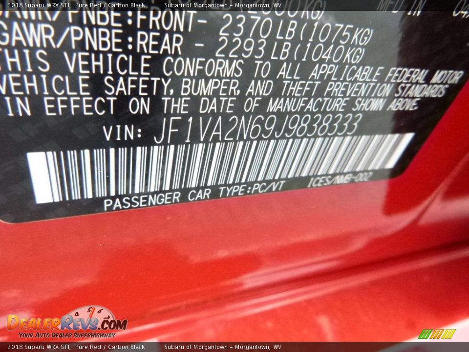 2018 Subaru WRX STI Pure Red / Carbon Black Photo #15