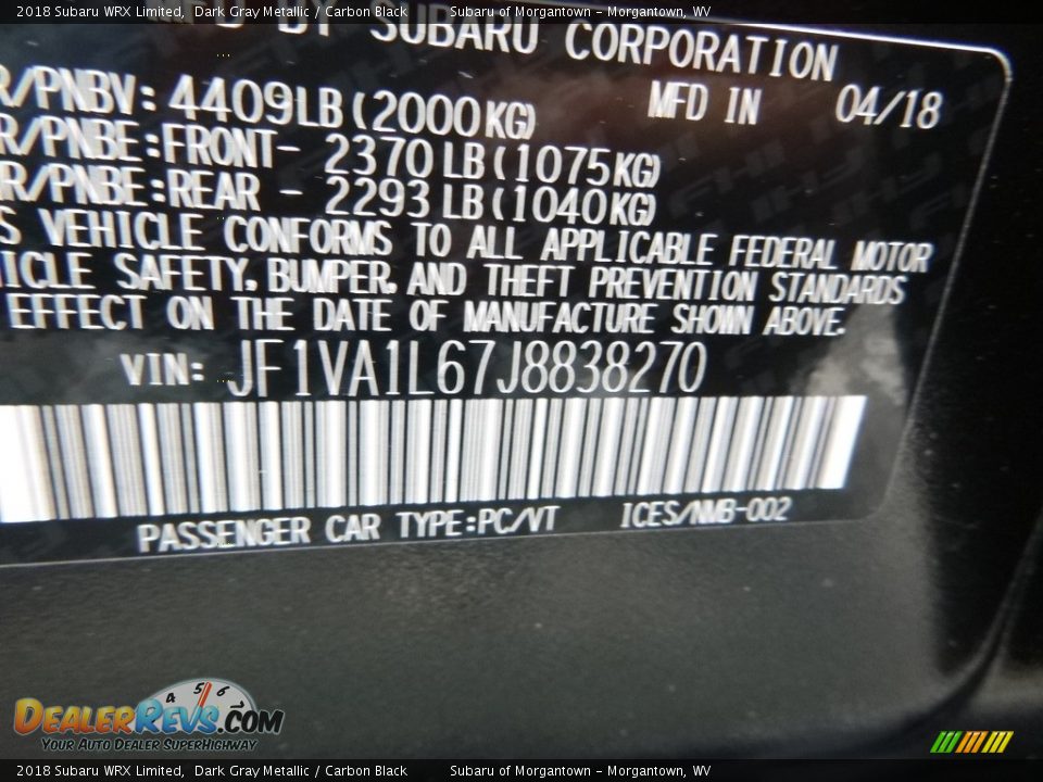 2018 Subaru WRX Limited Dark Gray Metallic / Carbon Black Photo #16