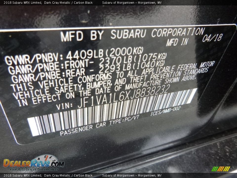 2018 Subaru WRX Limited Dark Gray Metallic / Carbon Black Photo #16