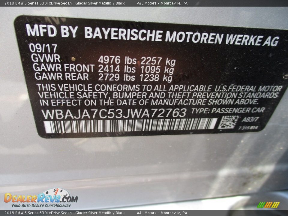2018 BMW 5 Series 530i xDrive Sedan Glacier Silver Metallic / Black Photo #19