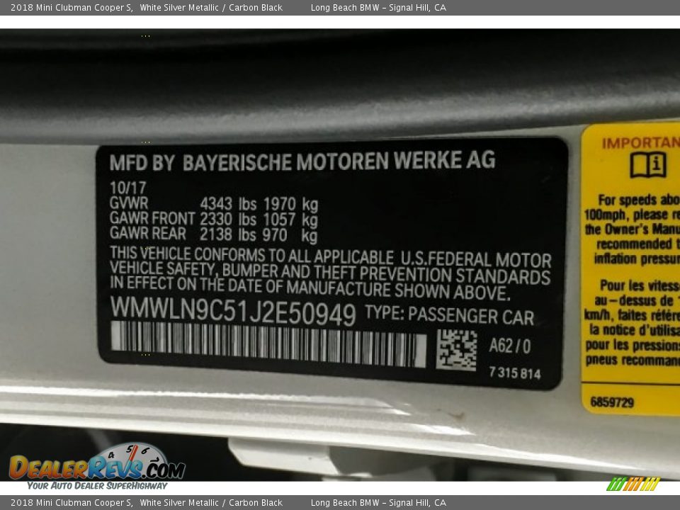 2018 Mini Clubman Cooper S White Silver Metallic / Carbon Black Photo #22