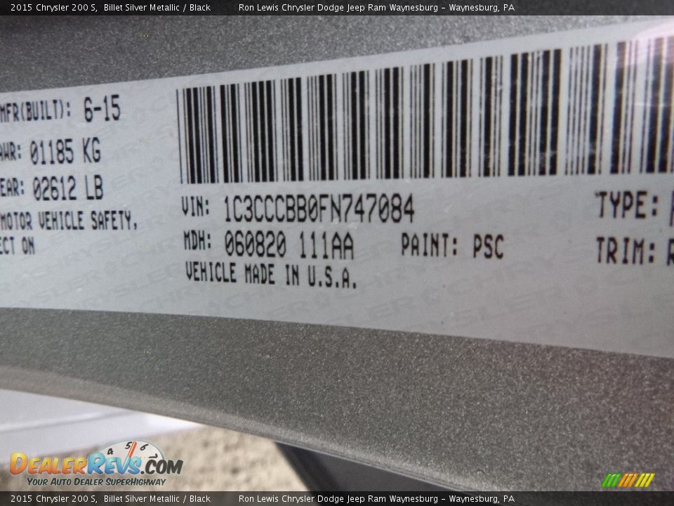 2015 Chrysler 200 S Billet Silver Metallic / Black Photo #13