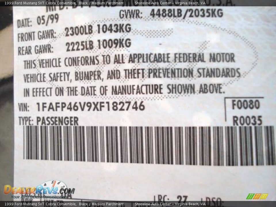 1999 Ford Mustang SVT Cobra Convertible Black / Medium Parchment Photo #19