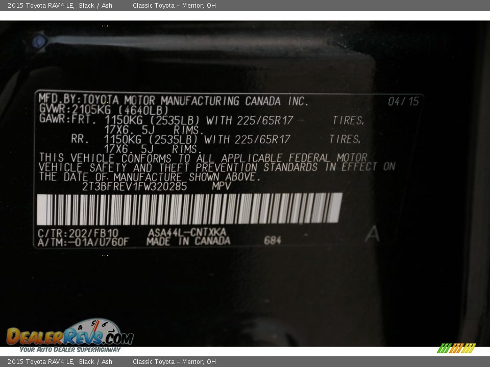 2015 Toyota RAV4 LE Black / Ash Photo #19