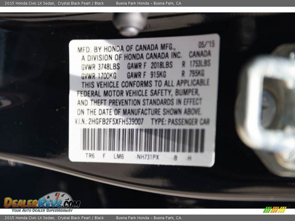 2015 Honda Civic LX Sedan Crystal Black Pearl / Black Photo #35