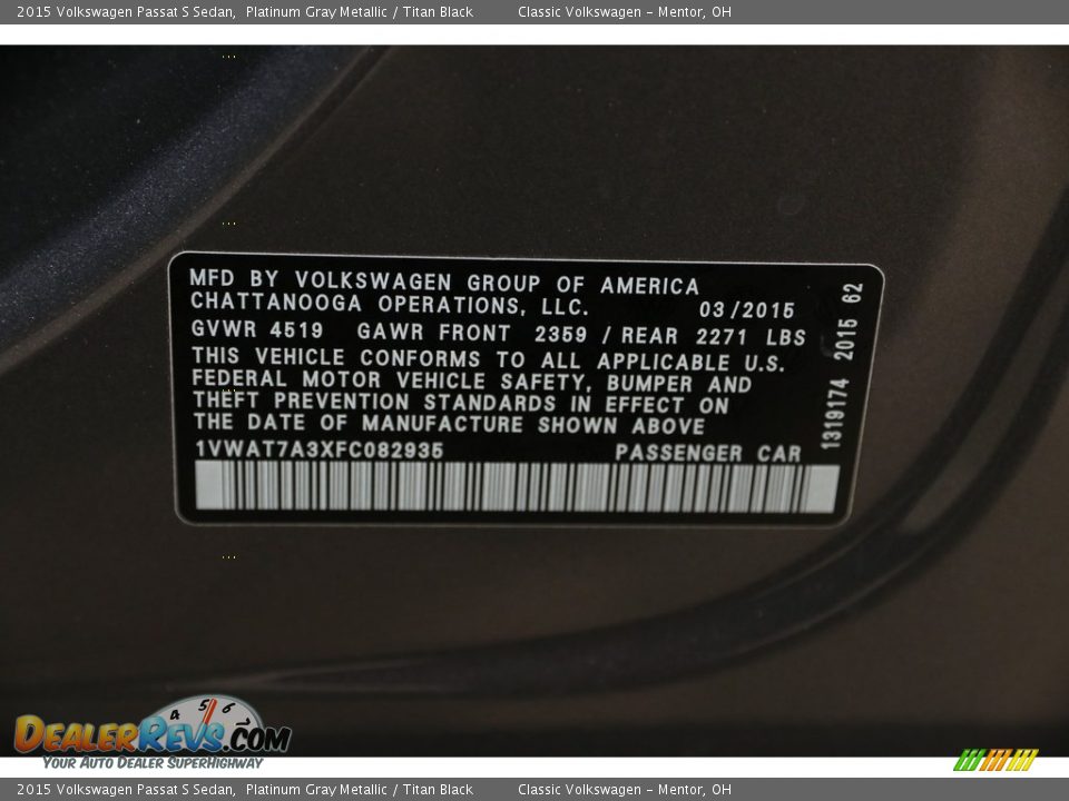 2015 Volkswagen Passat S Sedan Platinum Gray Metallic / Titan Black Photo #20