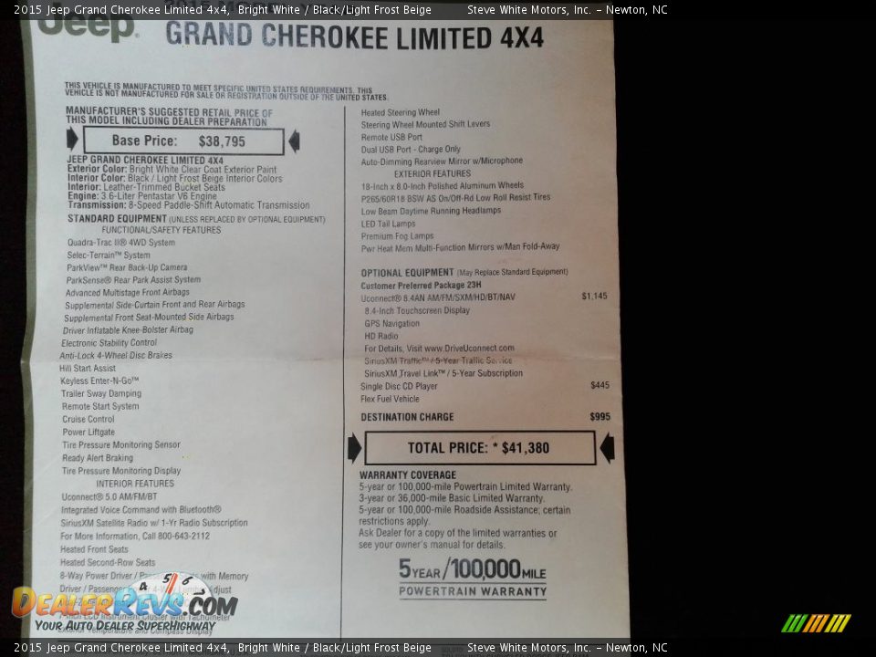 2015 Jeep Grand Cherokee Limited 4x4 Bright White / Black/Light Frost Beige Photo #36