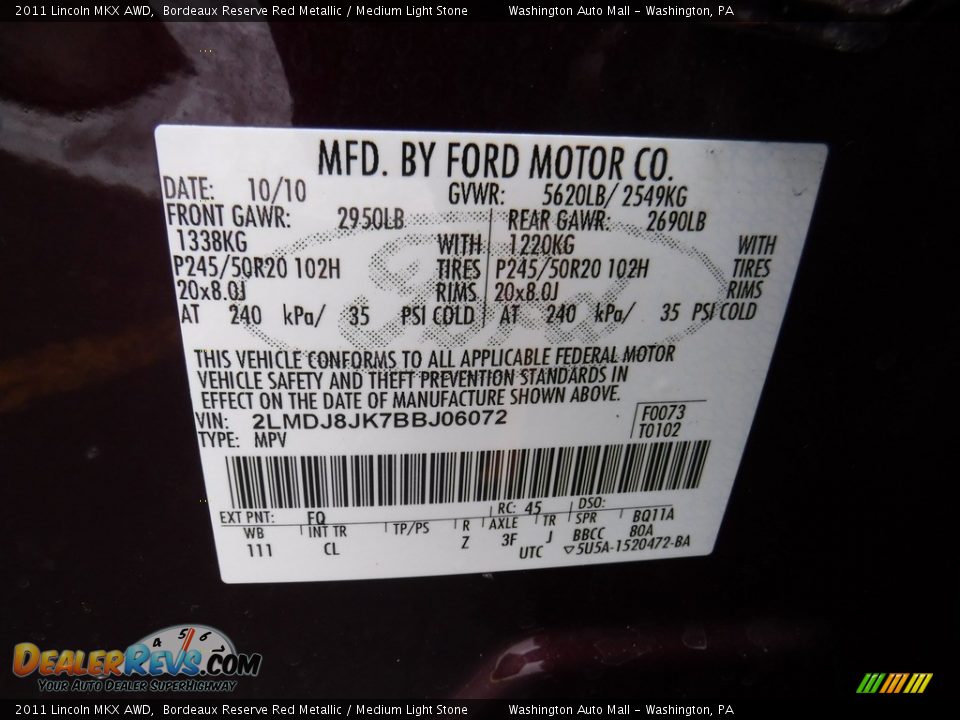 2011 Lincoln MKX AWD Bordeaux Reserve Red Metallic / Medium Light Stone Photo #29