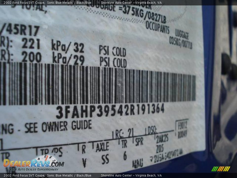 2002 Ford Focus SVT Coupe Sonic Blue Metallic / Black/Blue Photo #18