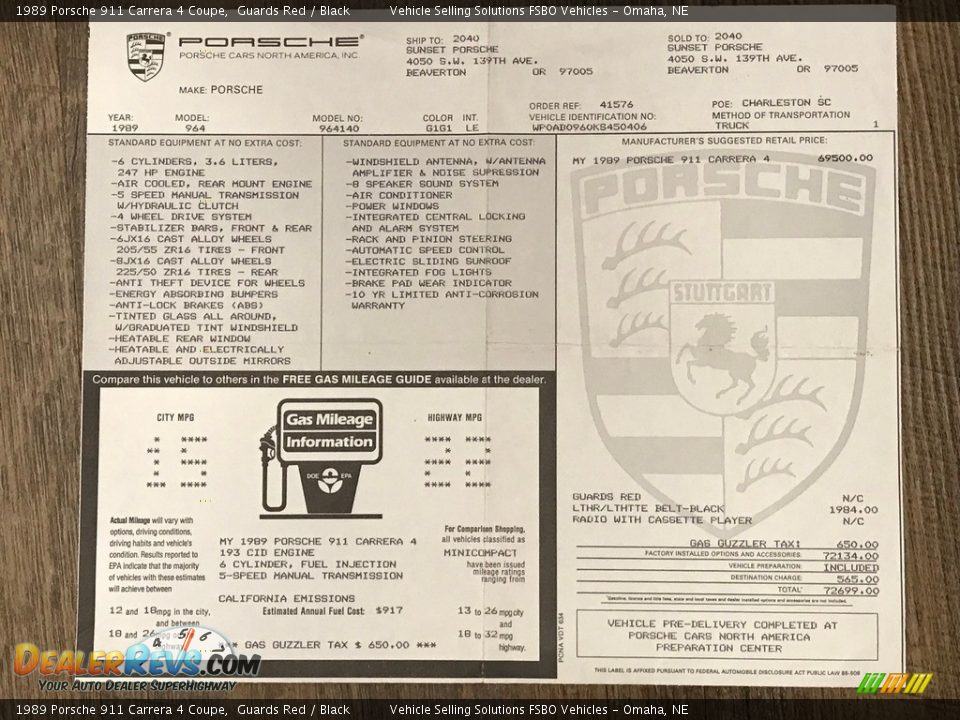 1989 Porsche 911 Carrera 4 Coupe Window Sticker Photo #20