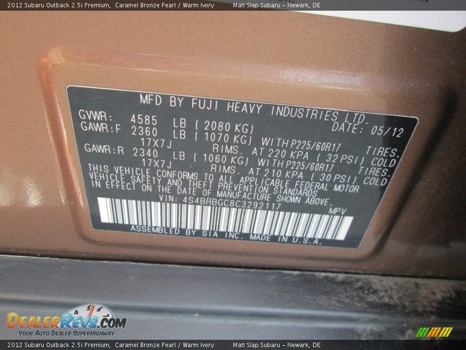 2012 Subaru Outback 2.5i Premium Caramel Bronze Pearl / Warm Ivory Photo #30