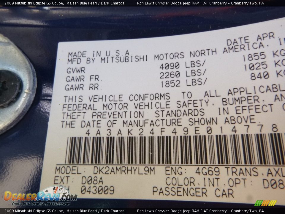 2009 Mitsubishi Eclipse GS Coupe Maizen Blue Pearl / Dark Charcoal Photo #16