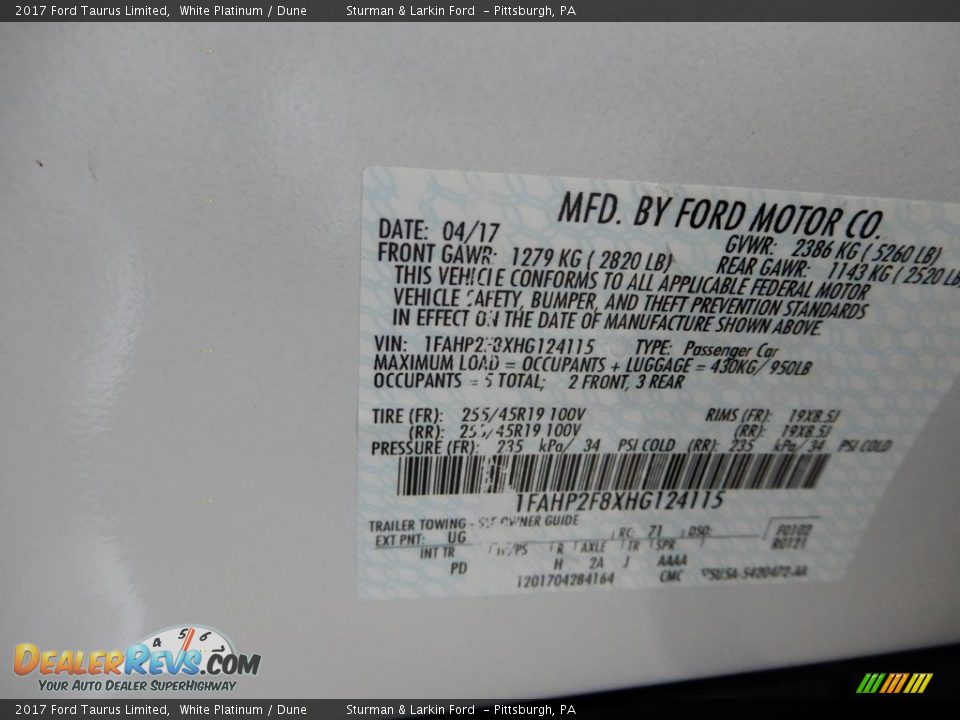 2017 Ford Taurus Limited White Platinum / Dune Photo #11