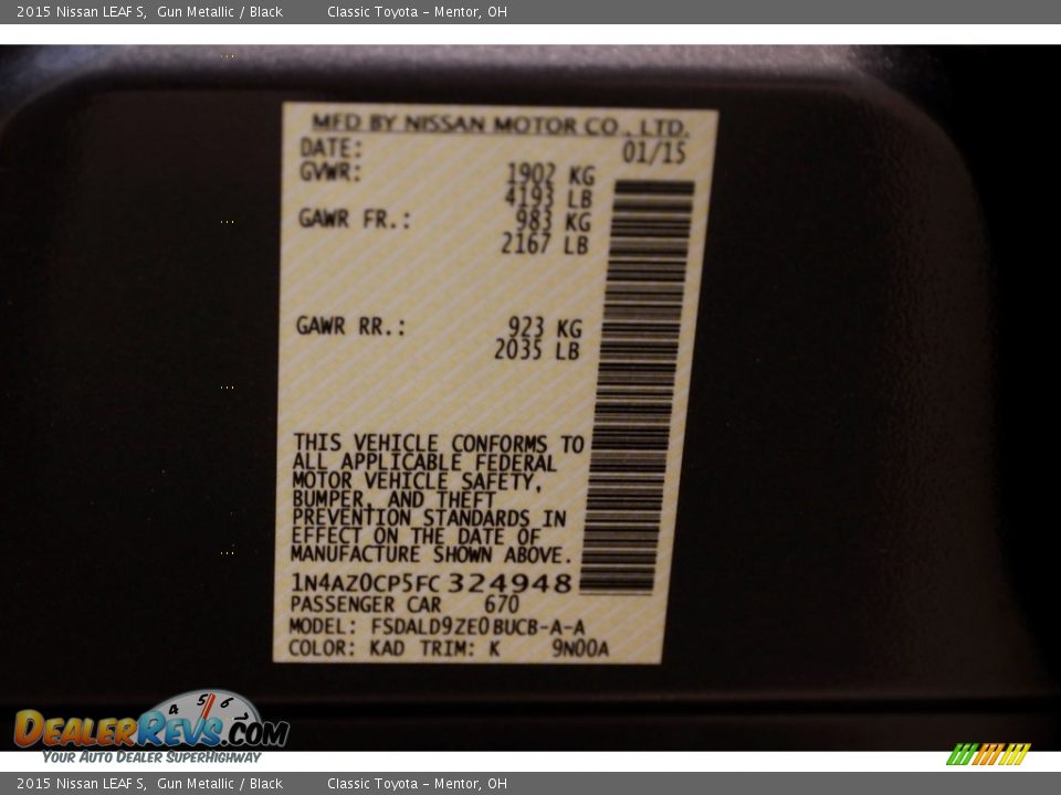 2015 Nissan LEAF S Gun Metallic / Black Photo #20