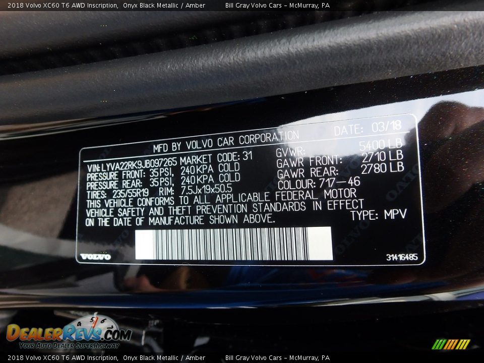 2018 Volvo XC60 T6 AWD Inscription Onyx Black Metallic / Amber Photo #11