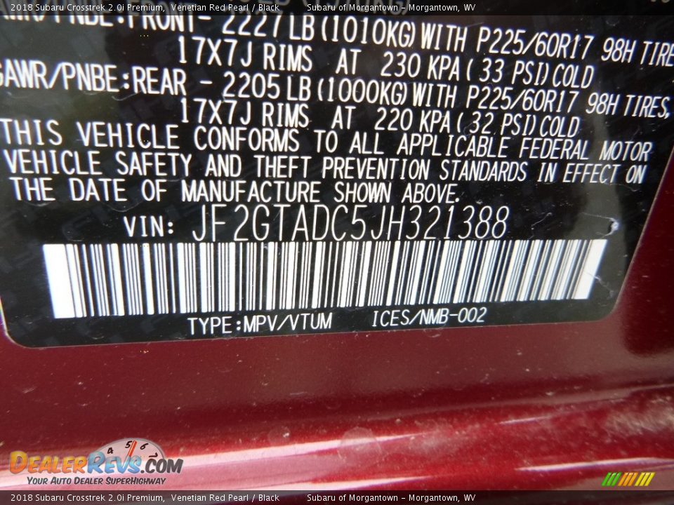 2018 Subaru Crosstrek 2.0i Premium Venetian Red Pearl / Black Photo #16