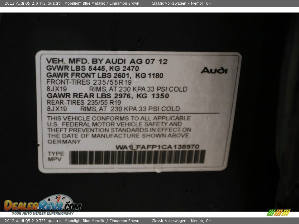2012 Audi Q5 2.0 TFSI quattro Moonlight Blue Metallic / Cinnamon Brown Photo #21