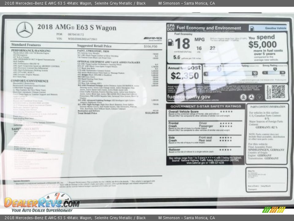 2018 Mercedes-Benz E AMG 63 S 4Matic Wagon Window Sticker Photo #26