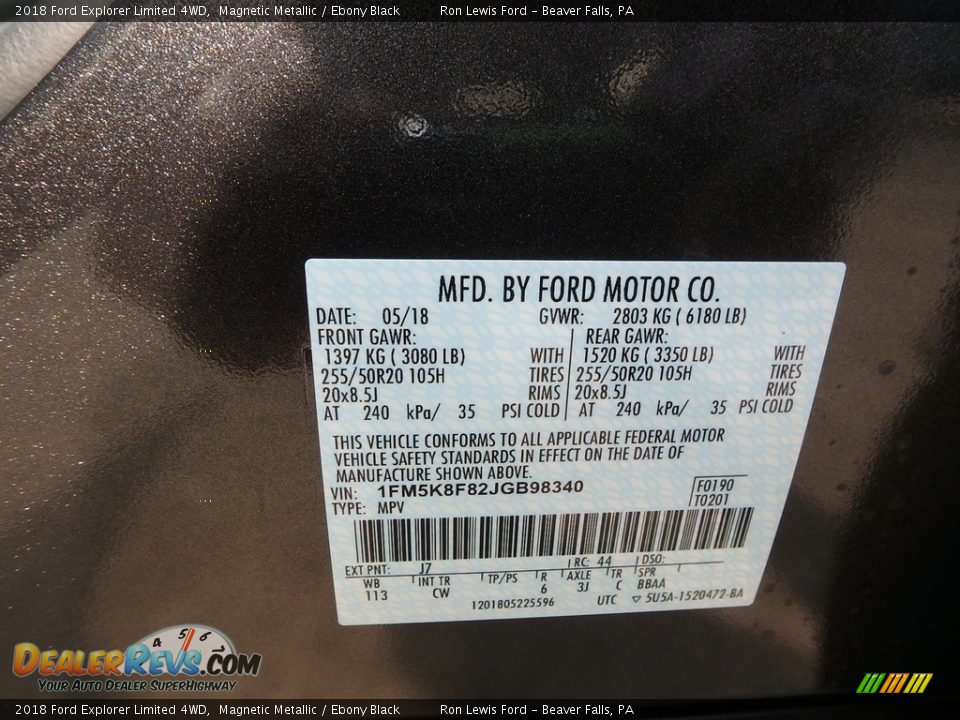 2018 Ford Explorer Limited 4WD Magnetic Metallic / Ebony Black Photo #15