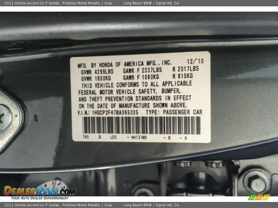 2011 Honda Accord LX-P Sedan Polished Metal Metallic / Gray Photo #21