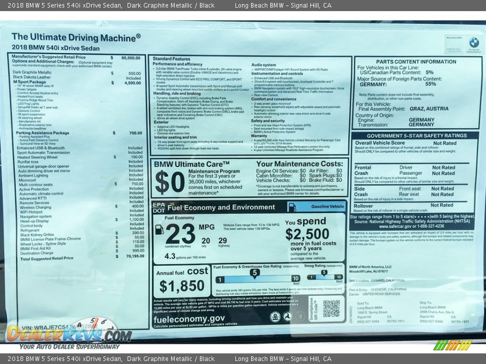 2018 BMW 5 Series 540i xDrive Sedan Dark Graphite Metallic / Black Photo #10