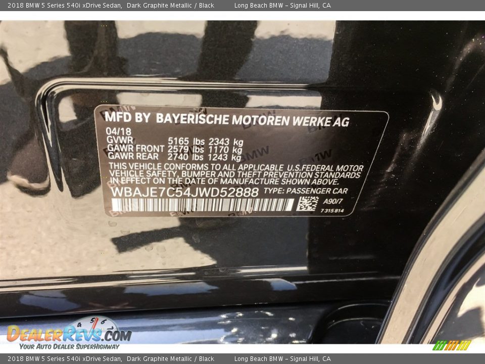 2018 BMW 5 Series 540i xDrive Sedan Dark Graphite Metallic / Black Photo #11