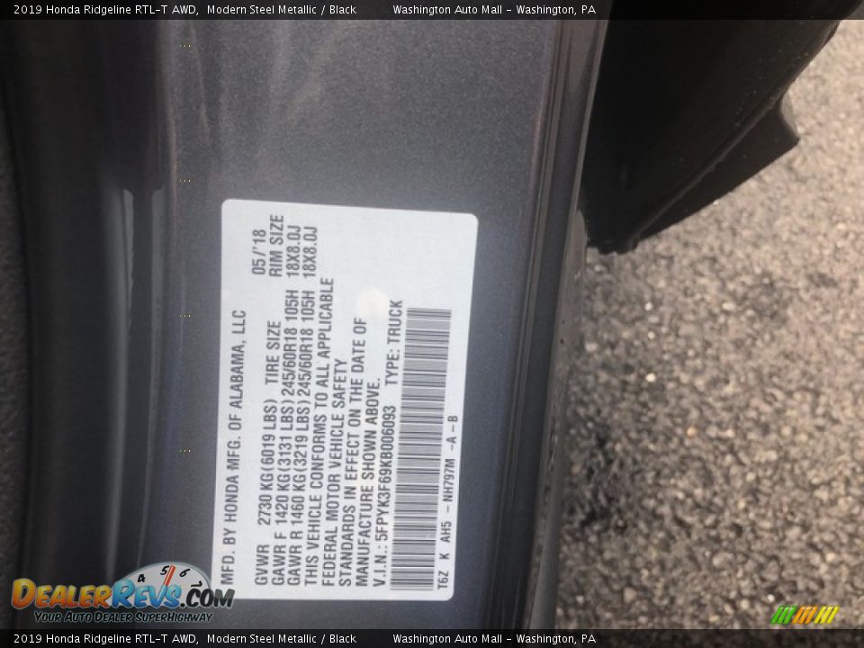 2019 Honda Ridgeline RTL-T AWD Modern Steel Metallic / Black Photo #27