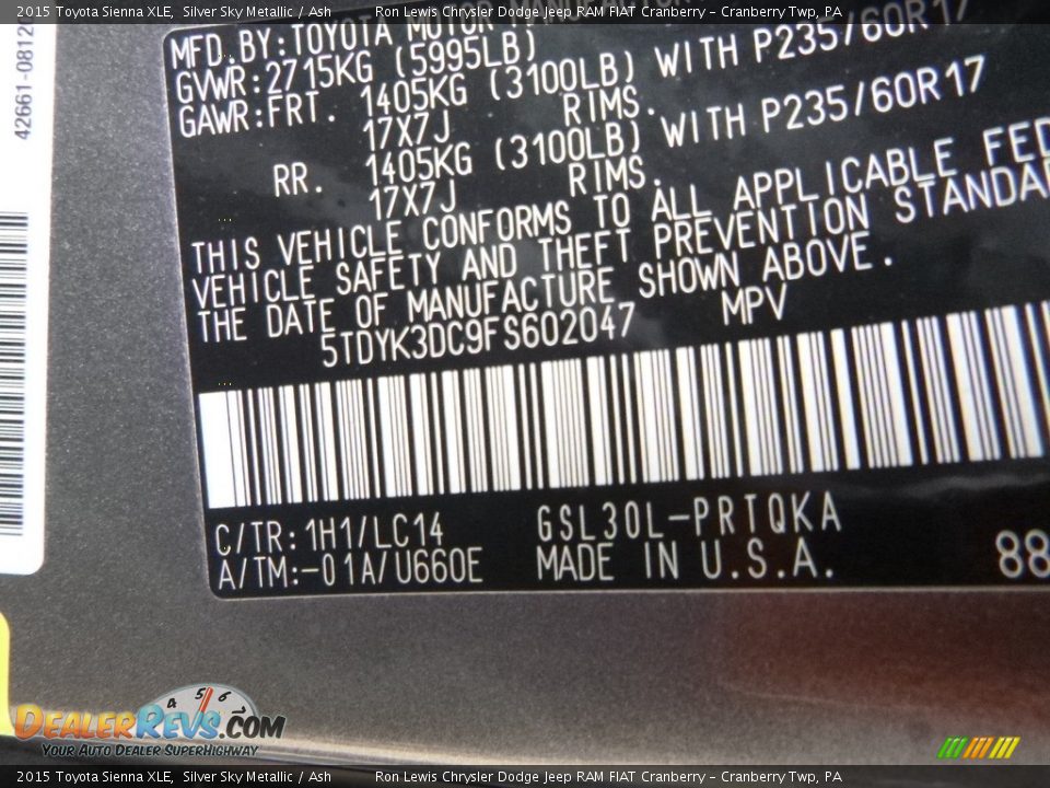 2015 Toyota Sienna XLE Silver Sky Metallic / Ash Photo #14