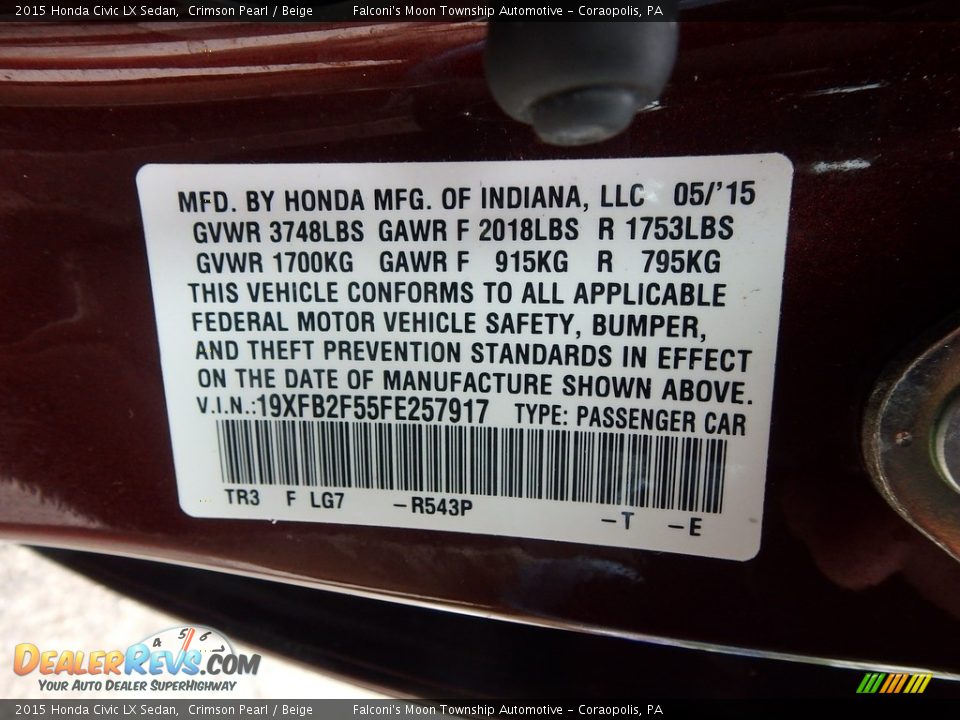 2015 Honda Civic LX Sedan Crimson Pearl / Beige Photo #23