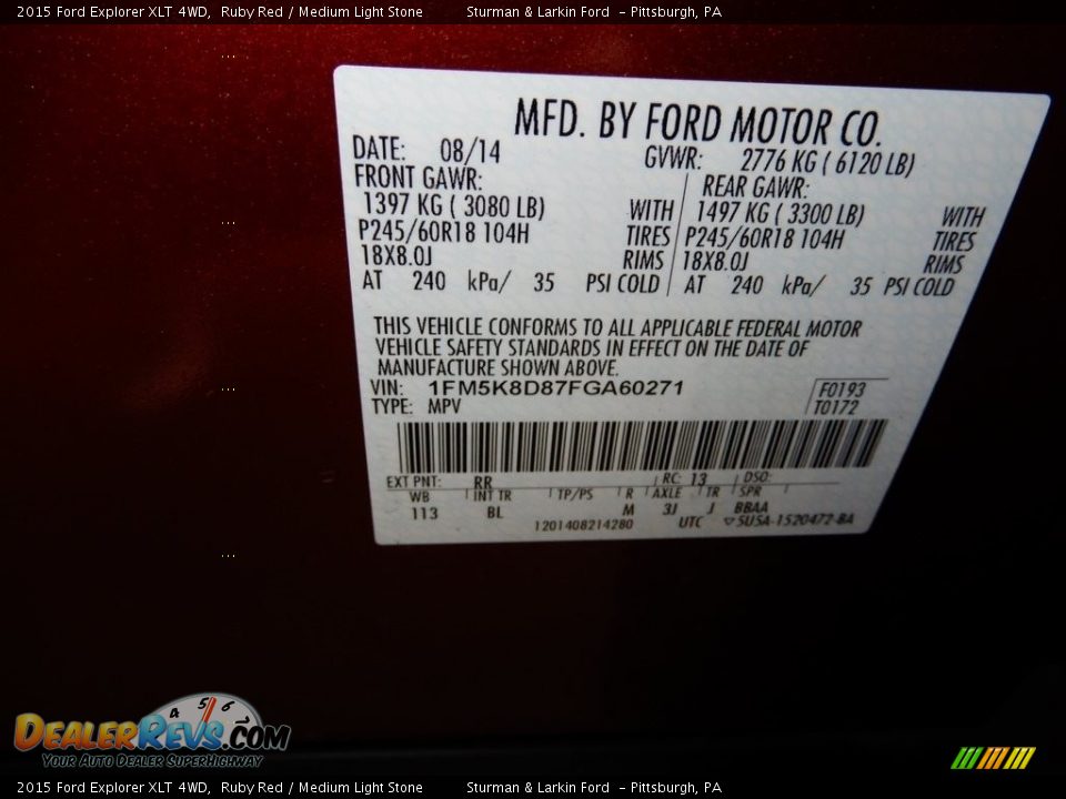 2015 Ford Explorer XLT 4WD Ruby Red / Medium Light Stone Photo #11