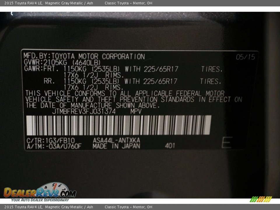 2015 Toyota RAV4 LE Magnetic Gray Metallic / Ash Photo #19