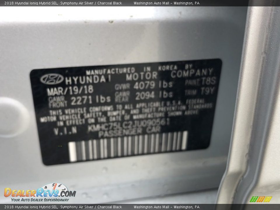 2018 Hyundai Ioniq Hybrid SEL Symphony Air Silver / Charcoal Black Photo #23