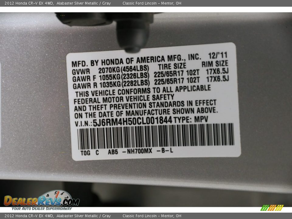 2012 Honda CR-V EX 4WD Alabaster Silver Metallic / Gray Photo #25