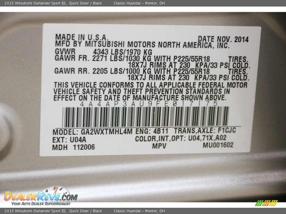 2015 Mitsubishi Outlander Sport ES Quick Silver / Black Photo #16