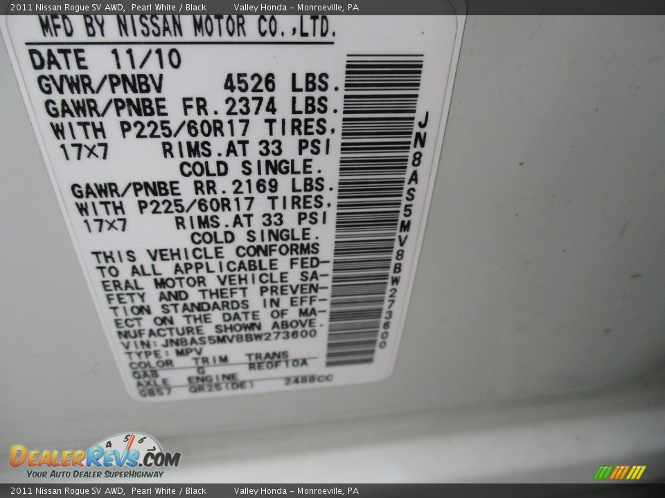 2011 Nissan Rogue SV AWD Pearl White / Black Photo #19