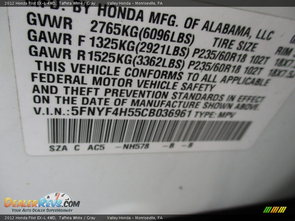 2012 Honda Pilot EX-L 4WD Taffeta White / Gray Photo #19