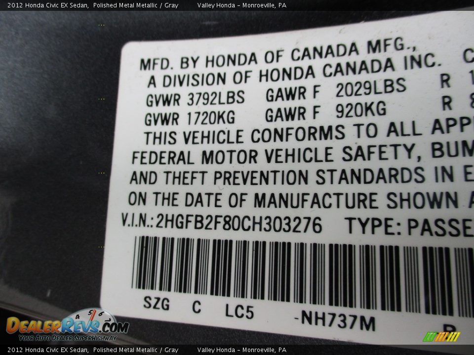 2012 Honda Civic EX Sedan Polished Metal Metallic / Gray Photo #19