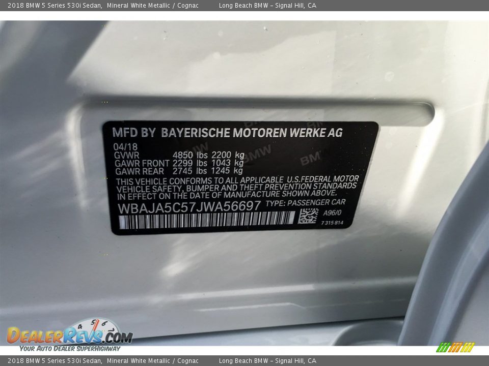 2018 BMW 5 Series 530i Sedan Mineral White Metallic / Cognac Photo #11