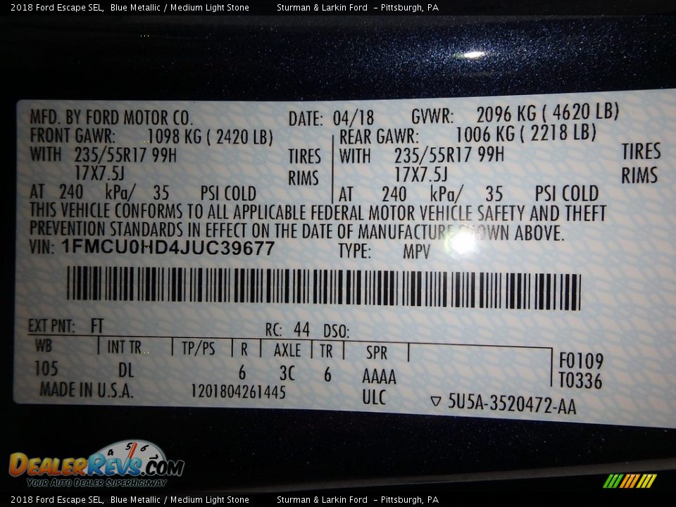 2018 Ford Escape SEL Blue Metallic / Medium Light Stone Photo #10