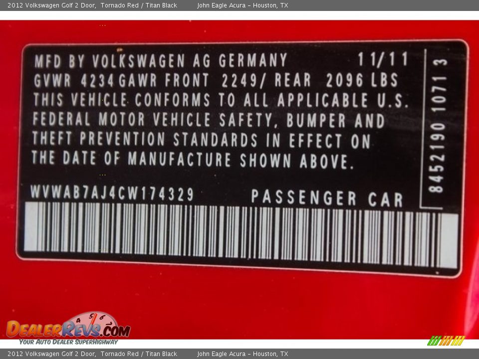 2012 Volkswagen Golf 2 Door Tornado Red / Titan Black Photo #31