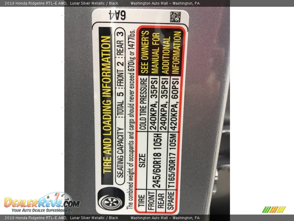 Info Tag of 2019 Honda Ridgeline RTL-E AWD Photo #29