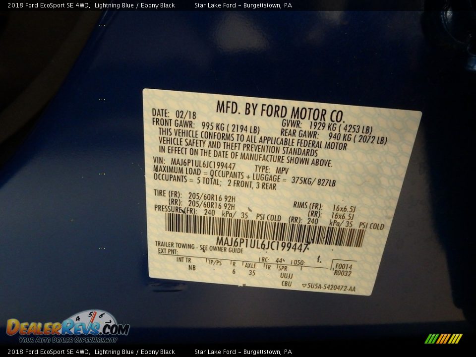 2018 Ford EcoSport SE 4WD Lightning Blue / Ebony Black Photo #16