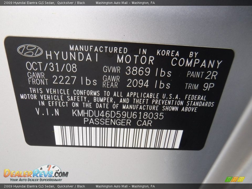 2009 Hyundai Elantra GLS Sedan Quicksilver / Black Photo #24