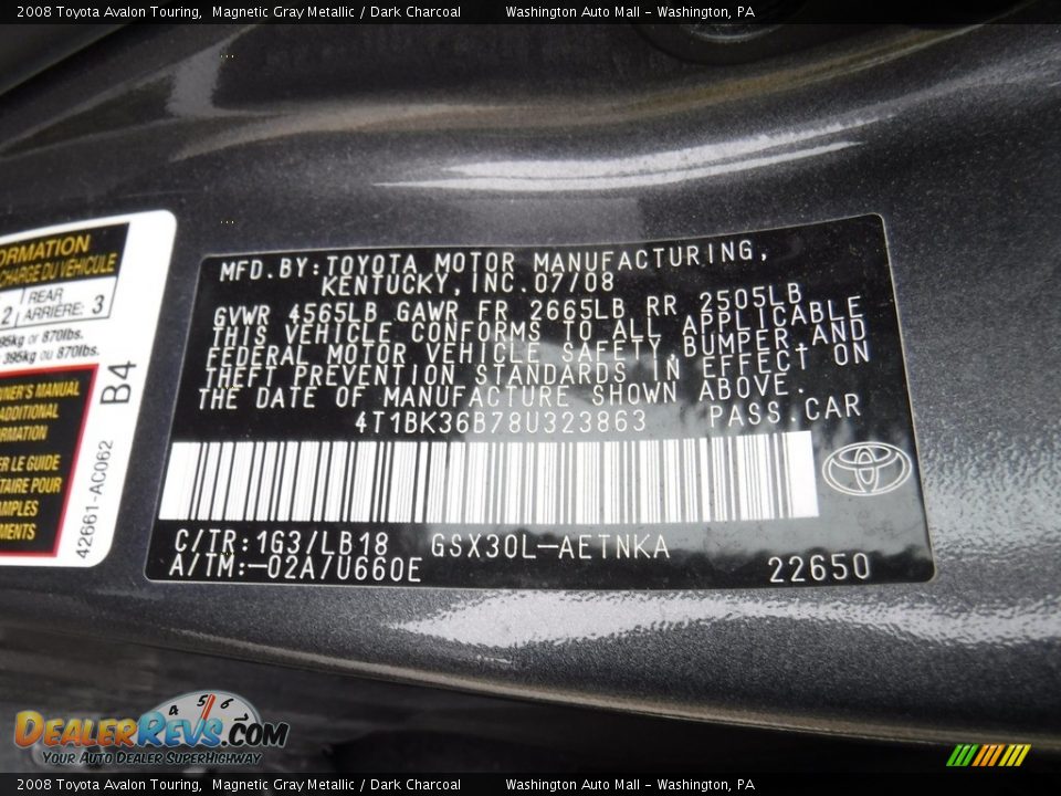 2008 Toyota Avalon Touring Magnetic Gray Metallic / Dark Charcoal Photo #24