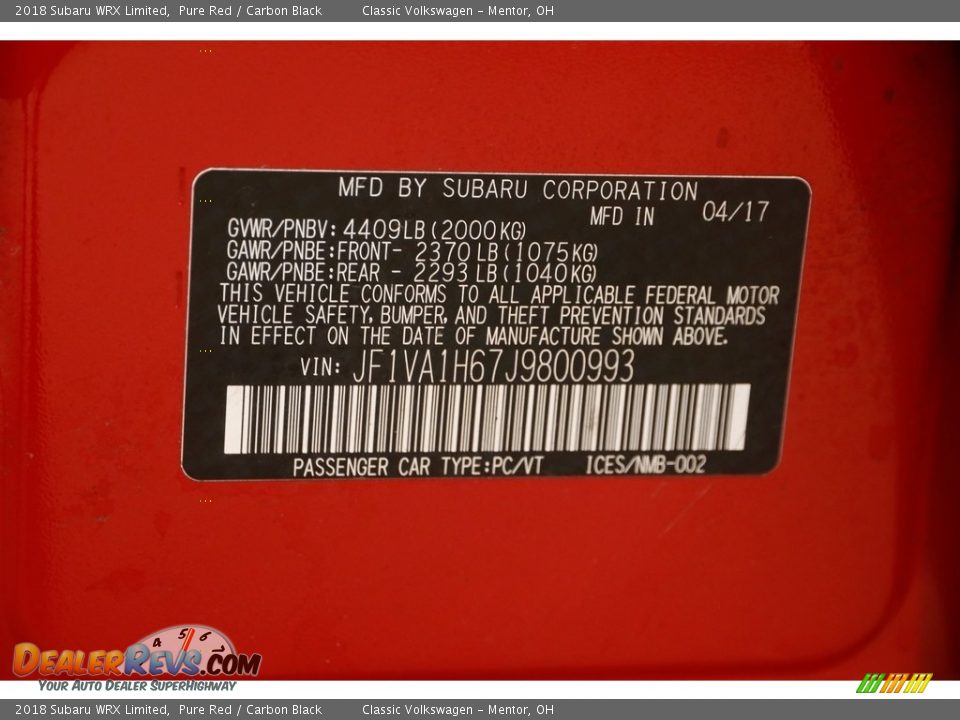 2018 Subaru WRX Limited Pure Red / Carbon Black Photo #26