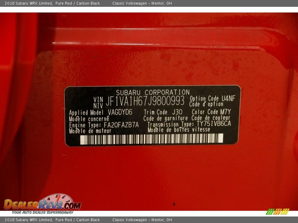 2018 Subaru WRX Limited Pure Red / Carbon Black Photo #27