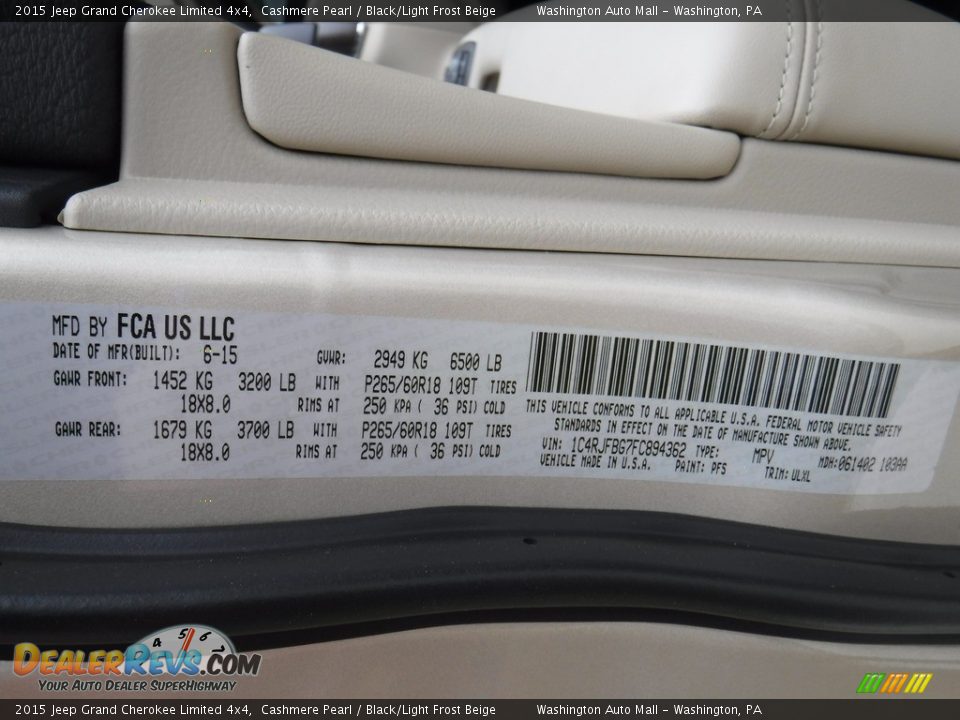 2015 Jeep Grand Cherokee Limited 4x4 Cashmere Pearl / Black/Light Frost Beige Photo #31