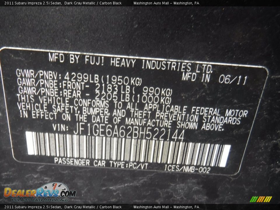 2011 Subaru Impreza 2.5i Sedan Dark Gray Metallic / Carbon Black Photo #19