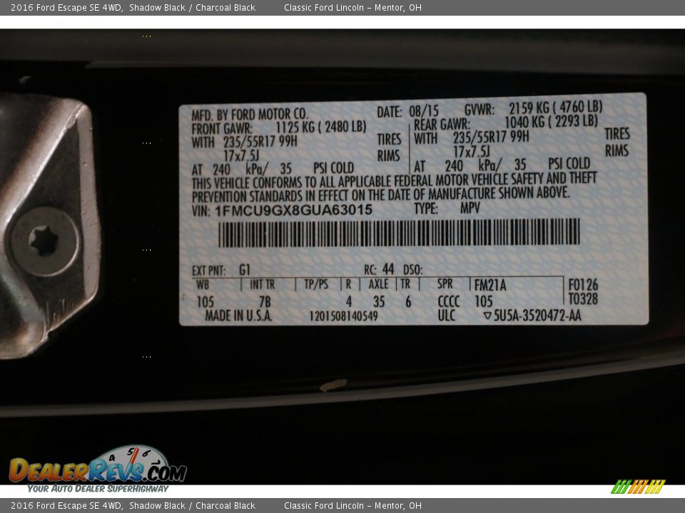 2016 Ford Escape SE 4WD Shadow Black / Charcoal Black Photo #25