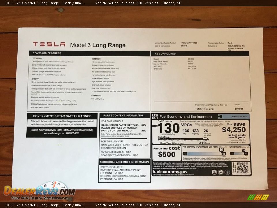 2018 Tesla Model 3 Long Range Window Sticker Photo #20